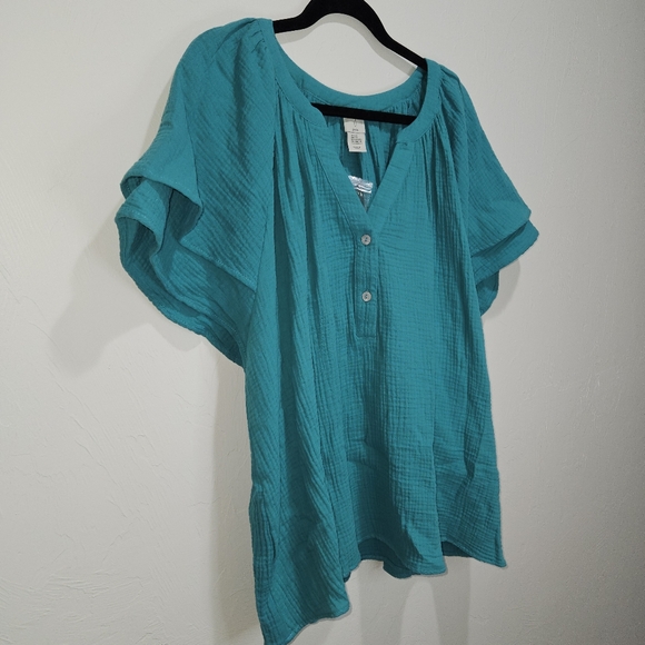 NWT Joie Blouse Teal Women Plus Size 1X Cotton Crinkle Flowy Flutter Sleeve NEW - Picture 2 of 16